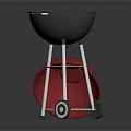Outdoor Grill With Sausages Red Lid On Metal Stand And Wheels