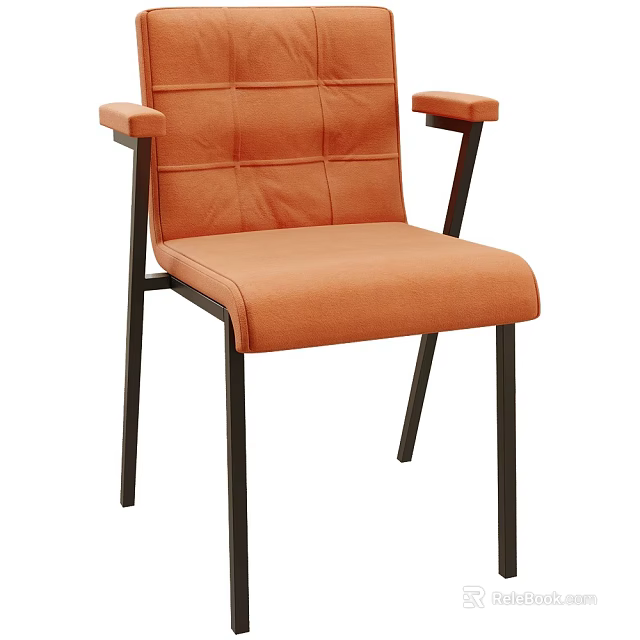 Modern Orange Leather Dining Chair With Quilted Backrest Armrests And Black Metal Legs 3d model 