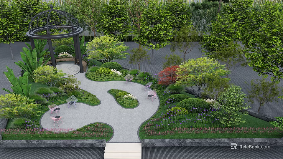Rockery Stones In Outdoor Garden Landscape With Lush Green Plants And Gazebo 3d model 
