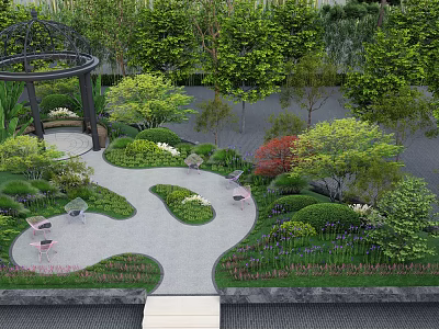 Rockery Stones In Outdoor Garden Landscape With Lush Green Plants And Gazebo 3d model