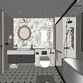 Elegant Modern Bathroom Interior With Floral Wallpaper Round Mirror Vanity And Bathtub