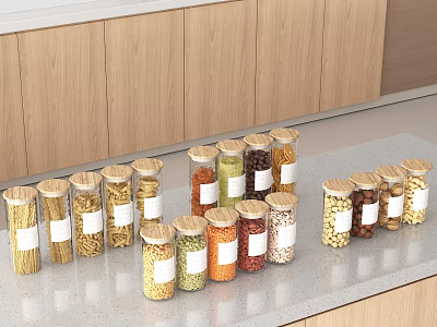 Clear Glass Spice Jars With Wooden Lids For Various Spices On Kitchen Countertop 3d model