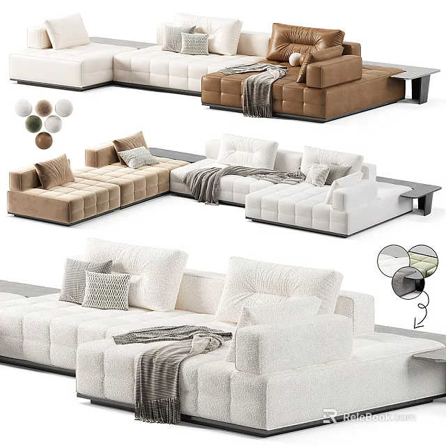 Cozy Modern Sectional Sofa With Pillows Throw Blankets In White And Brown Tones 3d model 