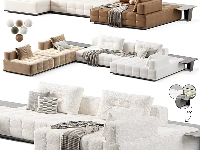 Cozy Modern Sectional Sofa With Pillows Throw Blankets In White And Brown Tones 3d model