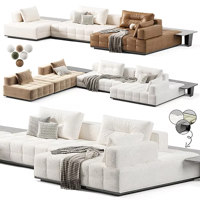 Cozy Modern Sectional Sofa With Pillows Throw Blankets In White And Brown Tones 3d model