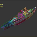 Detailed 3D Military Warship Model With Gray Hull Red Bottom And Deck Equipment