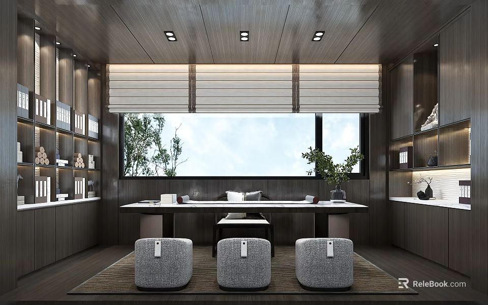 Modern Study Room Interior With Large Window Long Desk And Stools 3d model