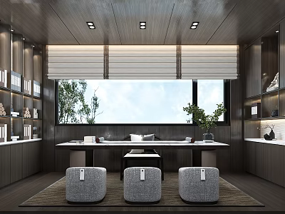 Modern Study Room Interior With Large Window Long Desk And Stools 3d model