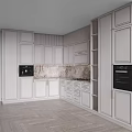 Modern White Kitchen Cabinets With Marble Countertop Island And Striped Backsplash