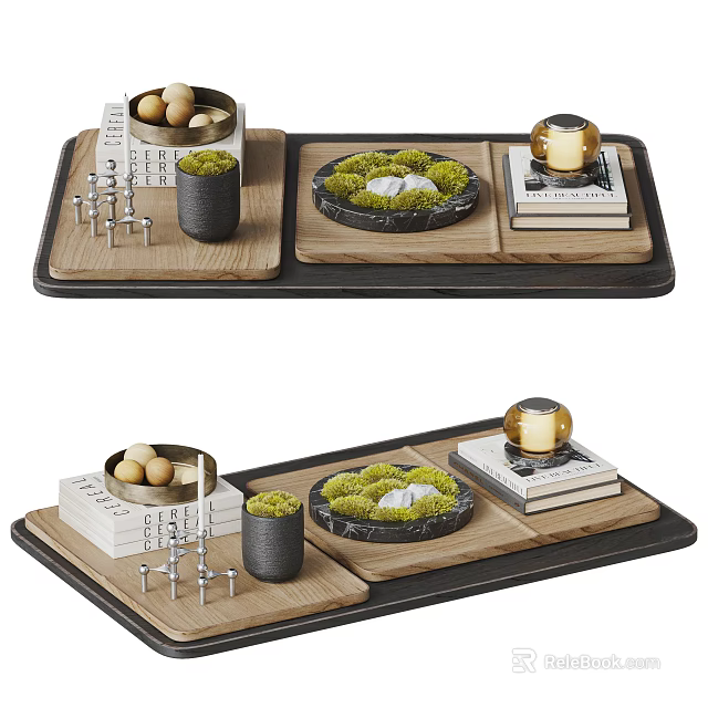 Stylish Decorative Ornament Set With Wooden Tray Green Plants Candle Books And Marble Decor For Home 3d model 