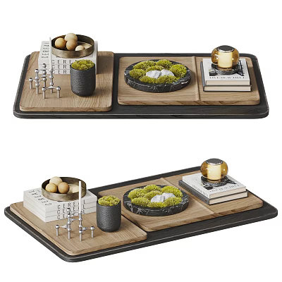 Stylish Decorative Ornament Set With Wooden Tray Green Plants Candle Books And Marble Decor For Home 3d model
