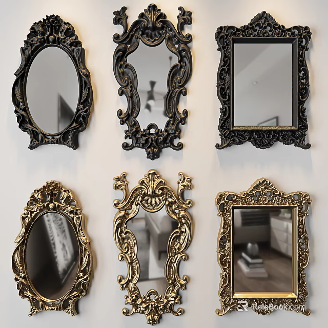 Vintage Decorative Mirrors with Ornate Carvings Black and Gold Frames on White Wall 3d model 