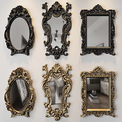 Vintage Decorative Mirrors with Ornate Carvings Black and Gold Frames on White Wall 3d model