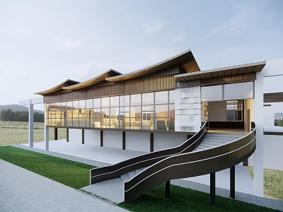 Modern Library Building With Large Glass Windows Wooden Roof Curved Staircase And Open Grassy Area 3d model