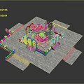 Square Stone Courtyard Design Featuring Central Fountain Plants Steps And Ornamental Walls