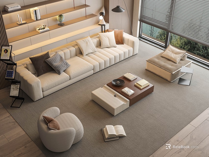 Cozy Modern Beige Sofa and Coffee Table Set With Wooden Top Armchair And Area Rug 3d model 