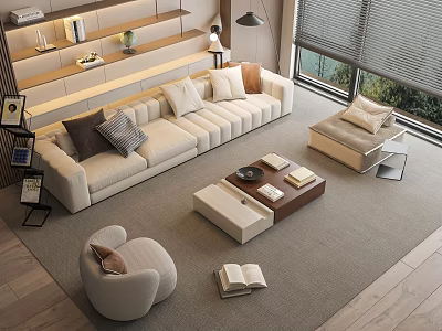 Cozy Modern Beige Sofa and Coffee Table Set With Wooden Top Armchair And Area Rug 3d model