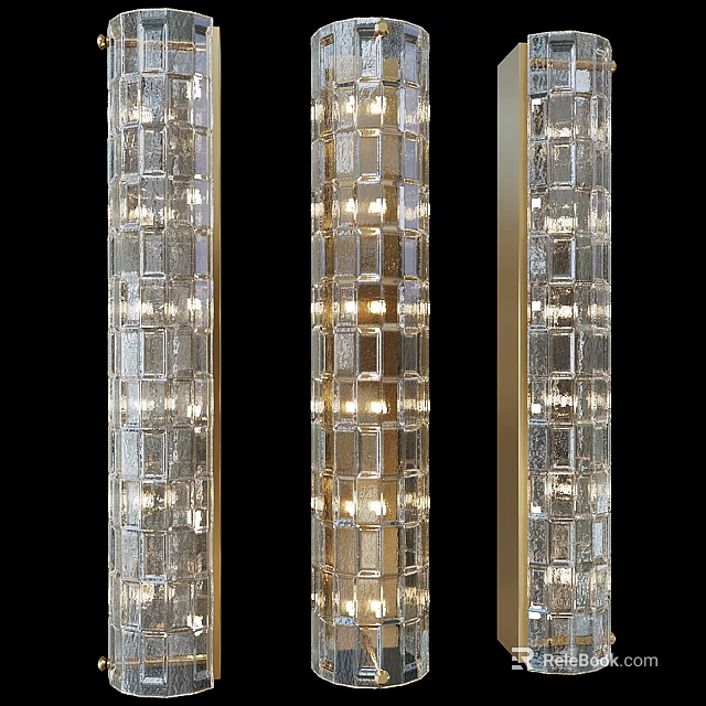 Elegant Modern Wall Lamps With Transparent Glass Blocks And Golden Frames Illuminated 3d model 
