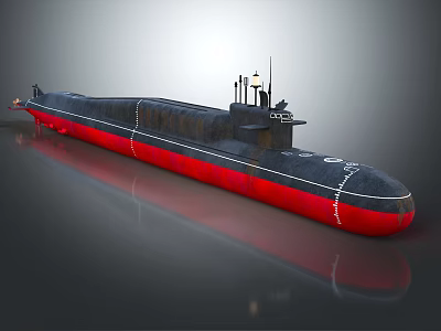 Sleek Black And Red Submarine Watercraft With Conning Tower And Antennas 3d model