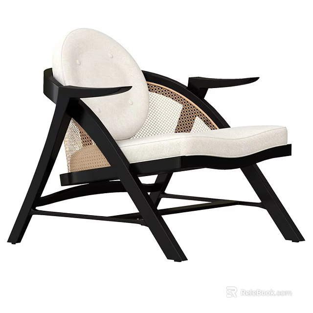 Modern Leisure Chair With Black Frame Woven Backrest And Light Upholstered Seat 3d model 