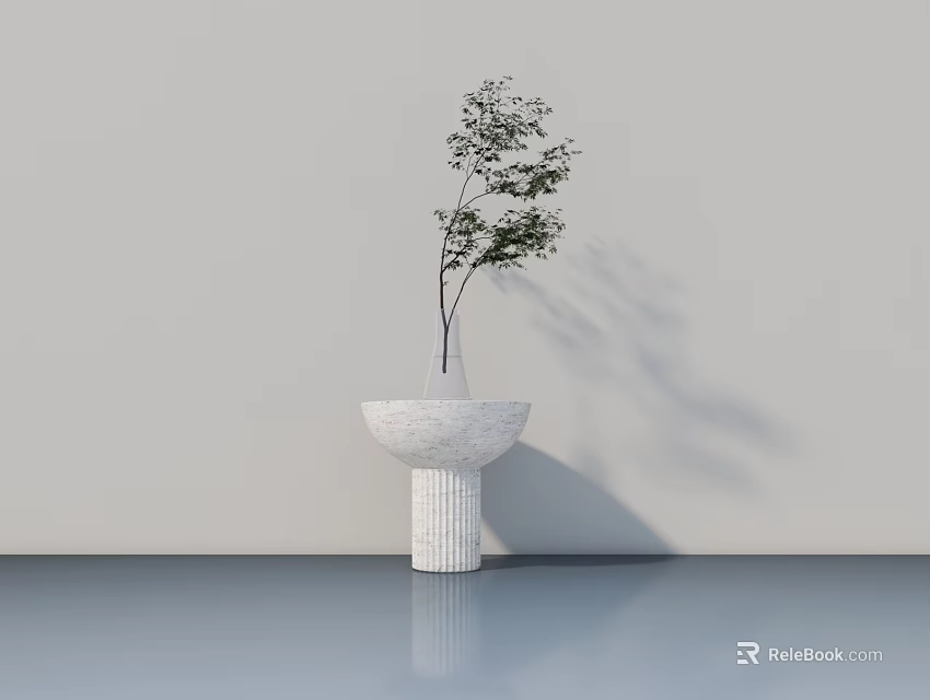 White Marble Vase With Green Leafy Plant On Fluted Pedestal Against Light Smooth Floor 3d model 
