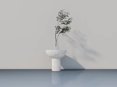 White Marble Vase With Green Leafy Plant On Fluted Pedestal Against Light Smooth Floor 3d model
