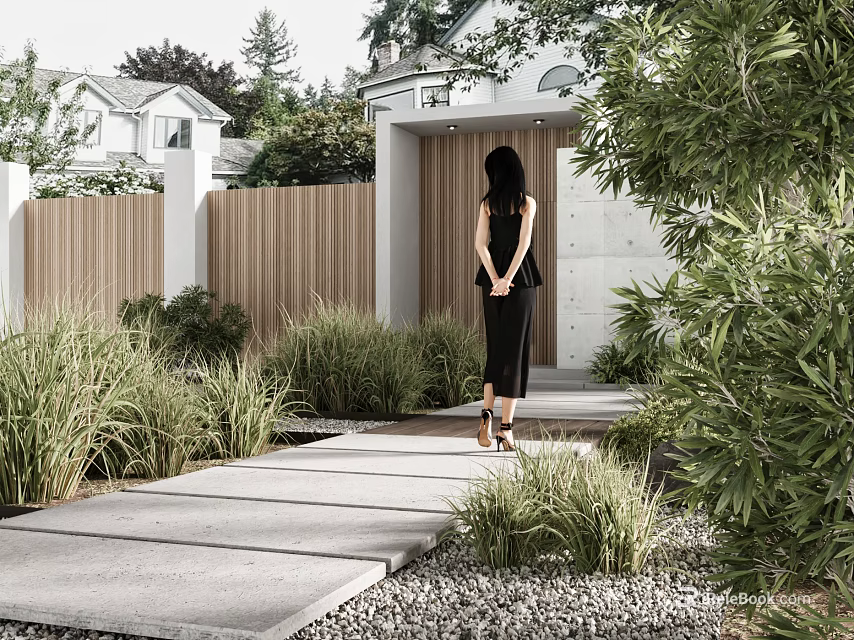 Modern Arched Entrance Gate With Wooden Fence Green Shrubs And Concrete Pathway 3d model 
