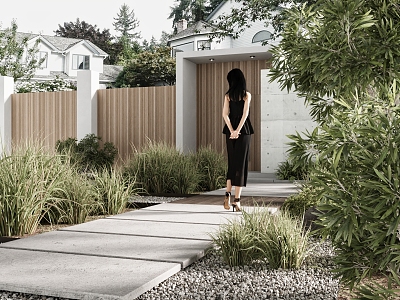 Courtyard Garden Courtyard Gate Guardrail Green Planting Landscaping Green Planting Geese Soft Stone Man model