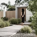 Modern Arched Entrance Gate With Wooden Fence Green Shrubs And Concrete Pathway