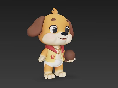 Cartoon Dog Character With Brown Yellow Fur Red Scarf Yellow Vest And Brown Ball 3d model