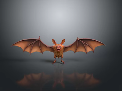 3D Rendered Orange Bat With Open Wings And Reflection On Gray Background 3d model