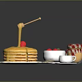 Fluffy Pancake Stack with Cherry Honey Drizzle Fresh Strawberries Jam Jar Milk Cup and Utensils