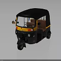 Black And Yellow Three Wheeled Motorcycle With Canopy Windshield Taxi Sign And Yellow Stripes