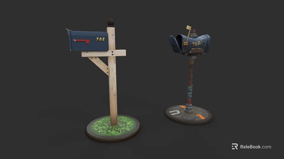 Residential Roadside Mailboxes With Wooden Post And Metal Pole Displaying House Numbers 3d model 