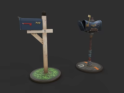 Residential Roadside Mailboxes With Wooden Post And Metal Pole Displaying House Numbers 3d model