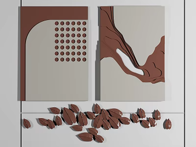 Modern Decorative Wall Art Panels With Brown White Dot Pattern And Leaf Shaped Objects 3d model