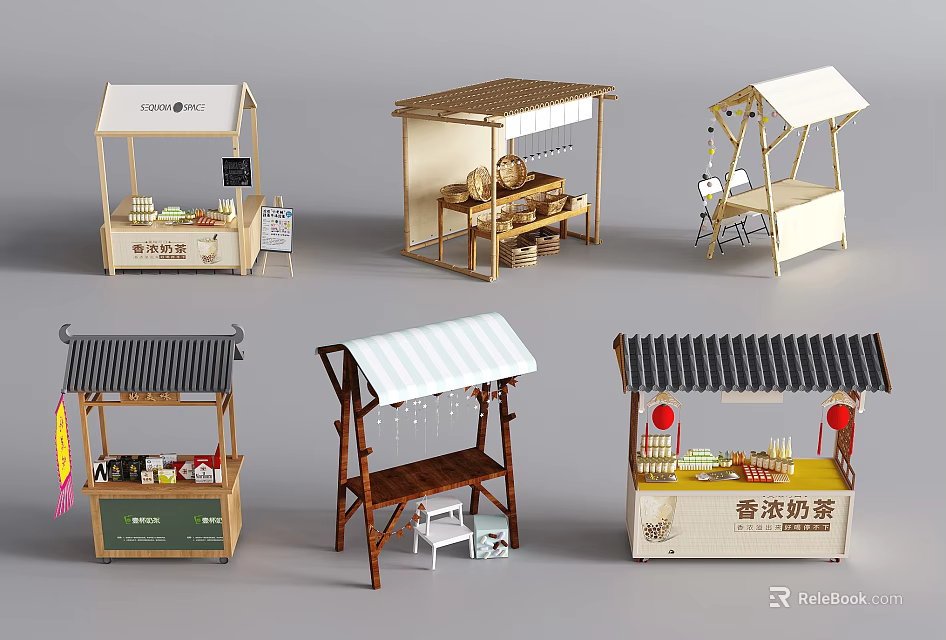 Different Small Market Stall Models With Various Designs And Selling Items 3d model