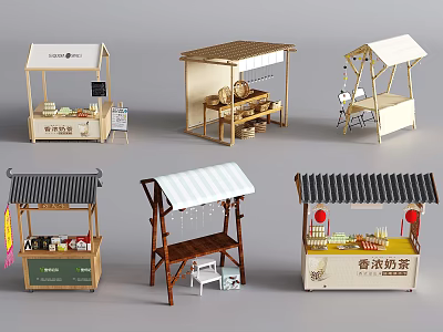 Different Small Market Stall Models With Various Designs And Selling Items 3d model