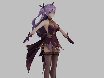 Game and Movie Character With Purple Long Hair Purple Outfit And Golden Decorations 3d model