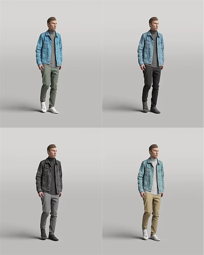 Man Wearing Different Outfits With Denim Black Jackets And Green Black Khaki Pants 3d model