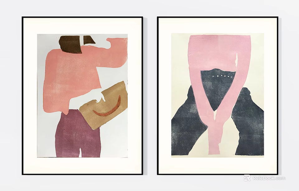 Two Framed Art Prints With Pink Top Purple Pants Dark Legs And Brown Handbag 3d model 