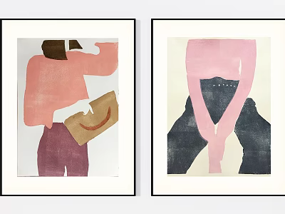 Two Framed Art Prints With Pink Top Purple Pants Dark Legs And Brown Handbag 3d model