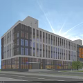 Modern Industrial Factory Building With Glass Curtain Wall Parking Area And Pedestrians