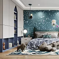 Kids Room Starry Sky Wall Constellations Green Headboard Bed Plush Toys Round Bean Bag Chair