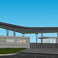 Modern Entrance Gate With Curved Canopy Metal Columns Grass And Paved Area