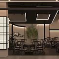 Traditional Chinese Restaurant Interior With Wooden Screen Bamboo Decor And Round Landscape Painting