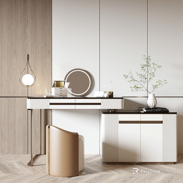 Modern Dressing Table Interior With Round Mirror Lamp Cabinets And Decorative Items 3d model 