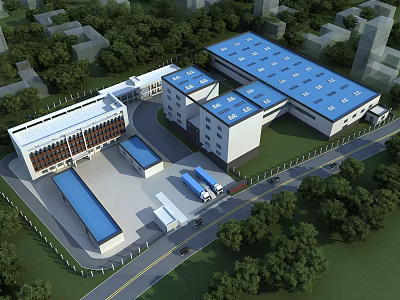 Industrial Factory With Blue Roofs Surrounded By Green Trees And Access Road With Trucks 3d model