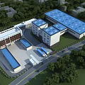 Industrial Factory With Blue Roofs Surrounded By Green Trees And Access Road With Trucks