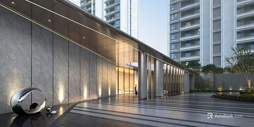 Modern Architectural Entrance With High Rise Background Paved Ground And Soft Lighting 3d model 